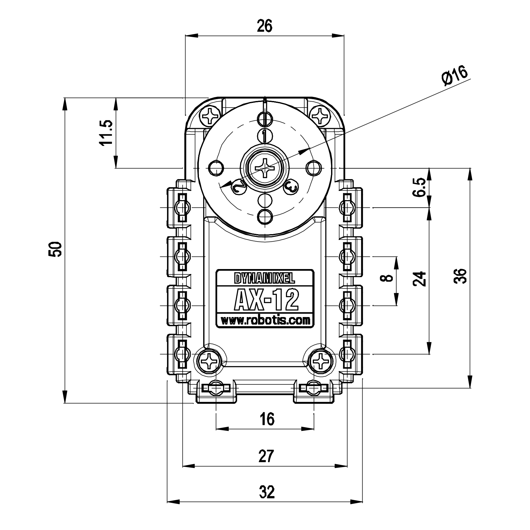 Diagram of AX-12A Dynamixel Servo.