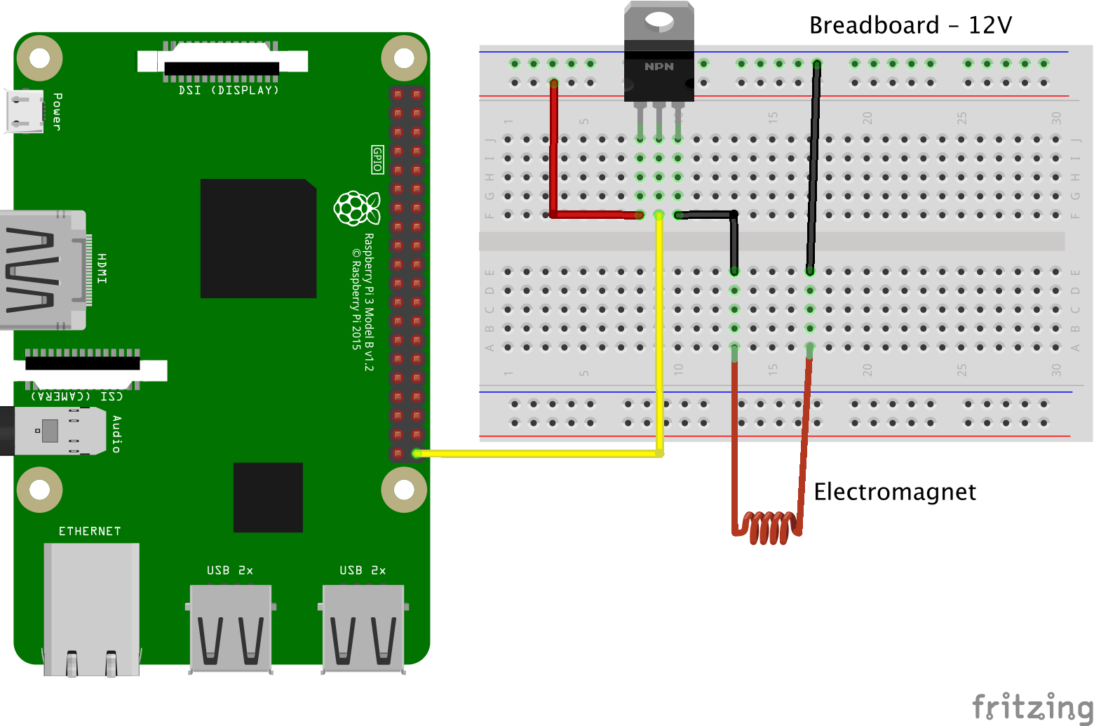Circuit diagram of the electromagnet connected to the Raspberry Pi.